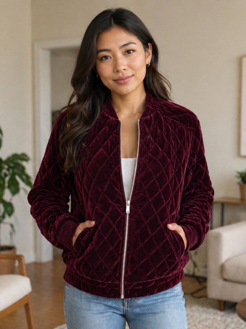 Supertrash Quilted Velvet Bomber Jacket - Deep Wine